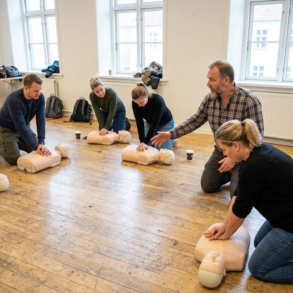 Deltagere øver genoplivning på kursus