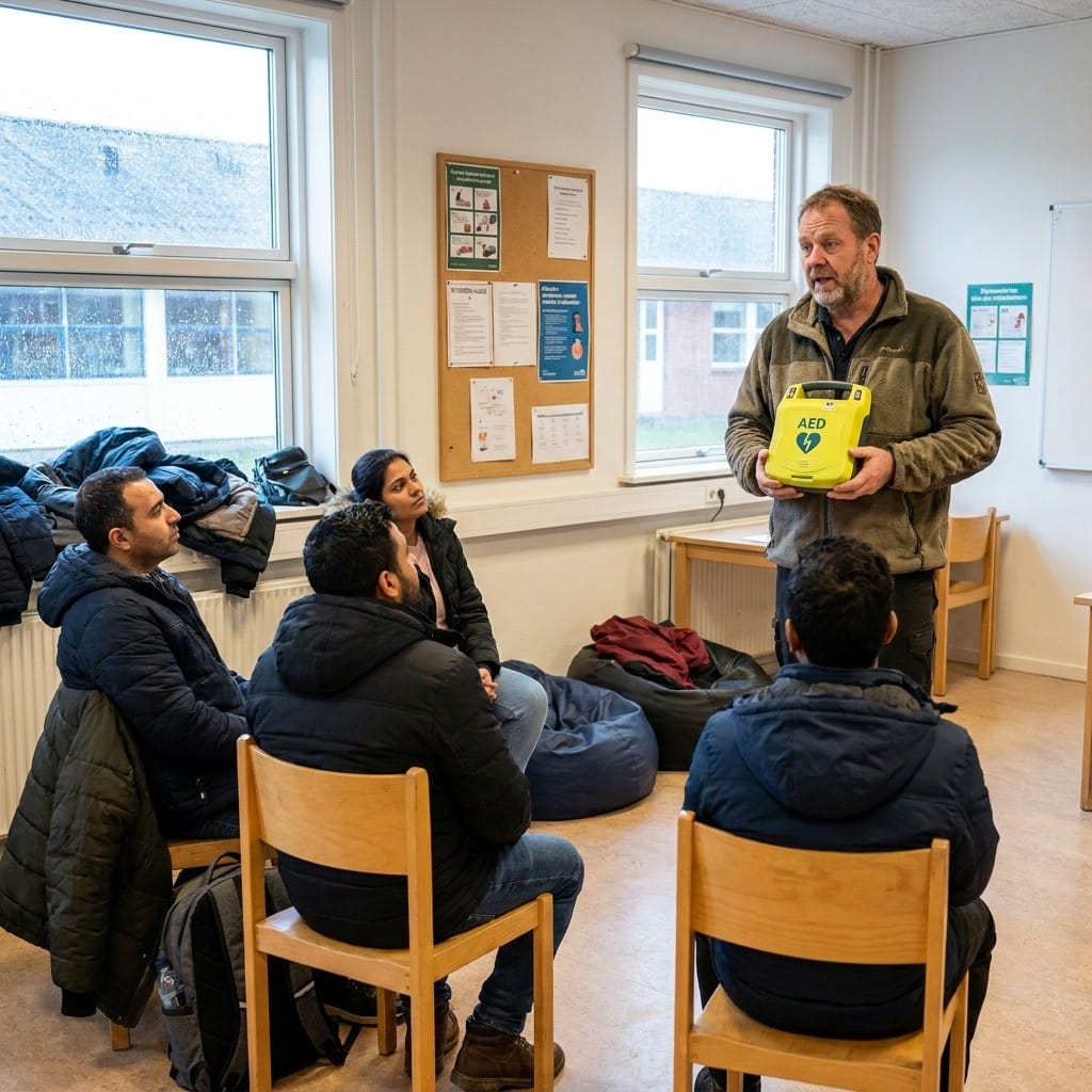 Førstehjælpsinstruktør underviser med hjertestarter